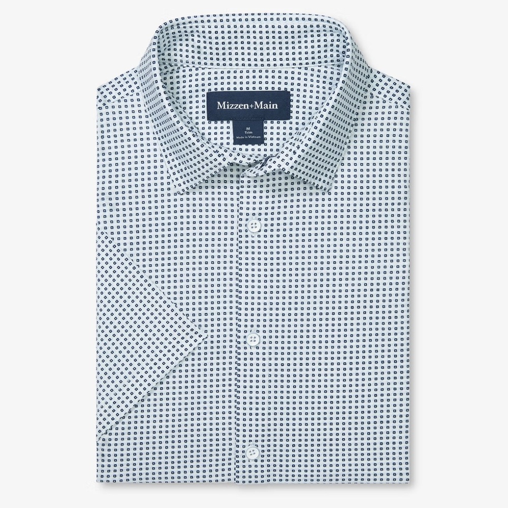 MIZZEN + MAIN MENS HALYARD SHORT SLEEVE BLUE GEO TWILL PRINT NWOT SIZE XL TRIM